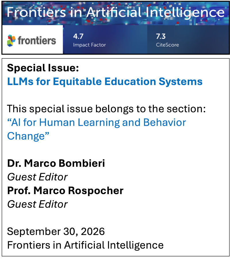 Flyer of Special issue on LLMs for Equitable Education Systems (Frontiers in Artificial Intelligence journal). Provide details on the Special Issue.